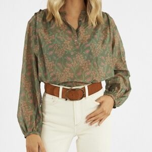 Xirena Felice Cotton Silk Printed In Olive Coral Peasant Top Blouse Size Medium